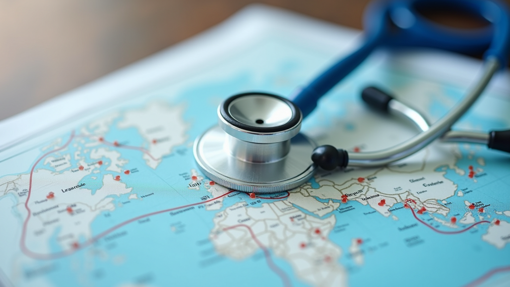 Stethoscope on a world map, symbolizing global healthcare and health.