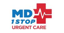 MD 1 Stop Urgent Care logo: blue text with red cross and heartbeat graphic.