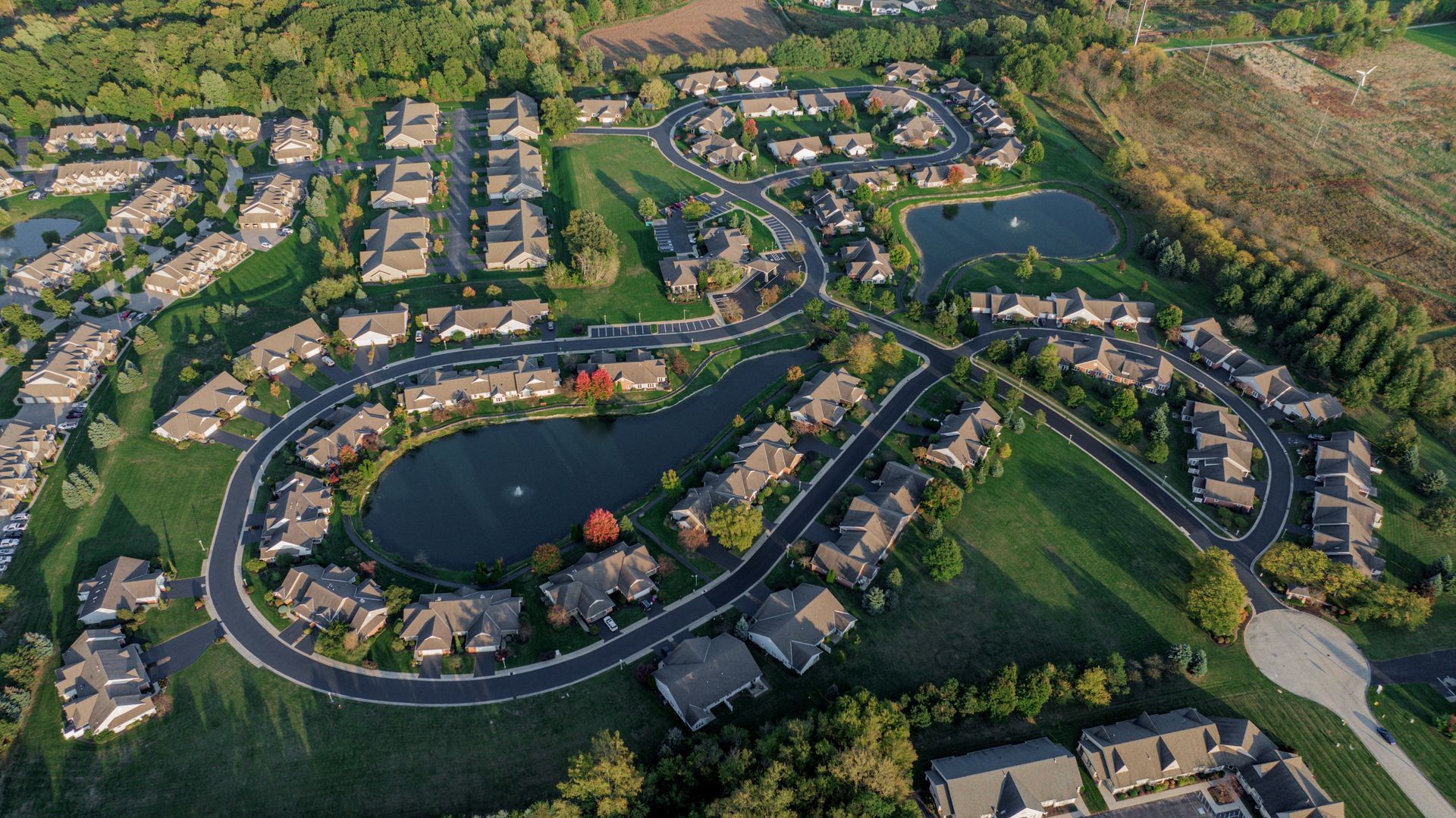 An aerial view of a residential area.
