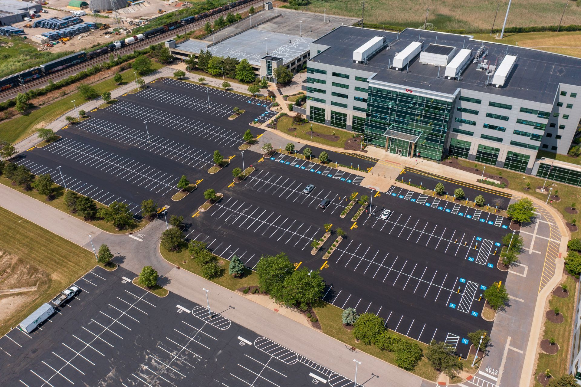 An aerial view of a large parking spaces