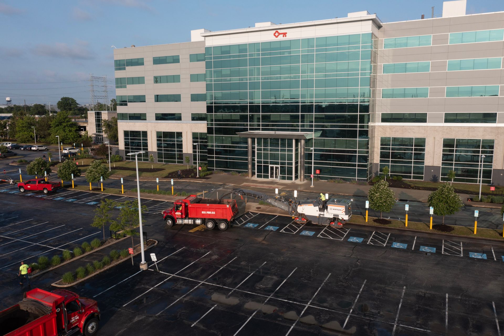 A large building with parking spaces