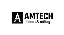AMTECH fence & railing logo in black and white with stylized “A” icon