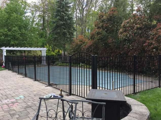 Backyard pool enclosed by black metal fence, with patio and trees surrounding it