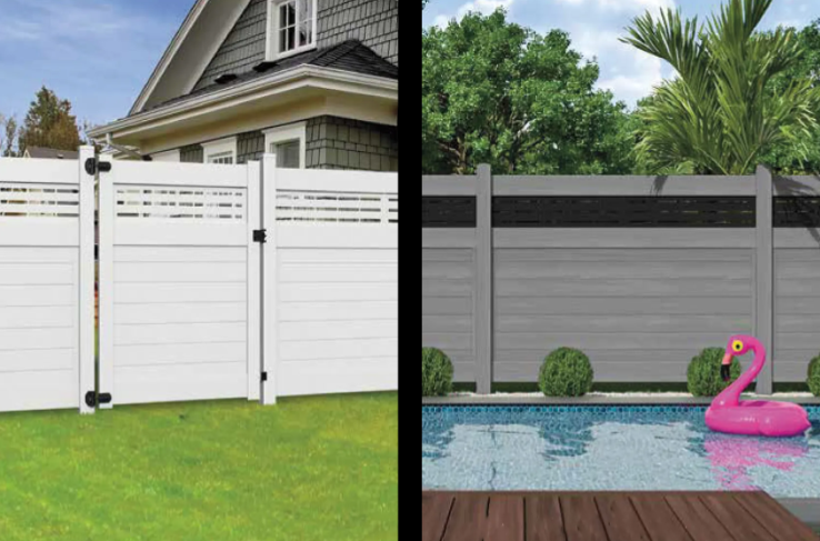 Split-screen backyard fence comparison: white fence on left, gray fence by pool on right with pink flamingo float.