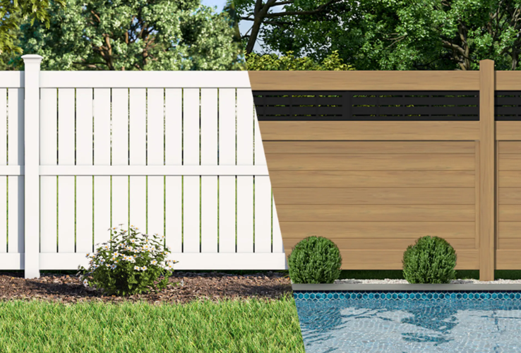 White and tan backyard privacy fence beside green lawn and a blue pool