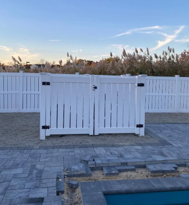 White patio gate beside a pool, with gray pavers and tall grasses under a blue sky at dusk