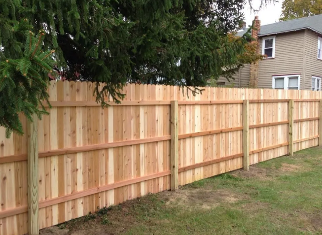 Wooden privacy fence along a grassy yard beside a house, with trees overhead.