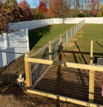 Backyard dog run with chain-link fencing, wooden gate, and white privacy fence in autumn