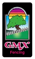 GMX Fencing logo with a tree, rainbow sky, and fence in a black square