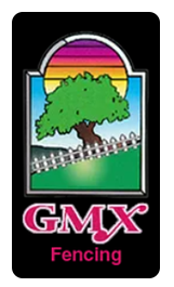 GMX Fencing logo with a tree, rainbow sky, and fence in a black square