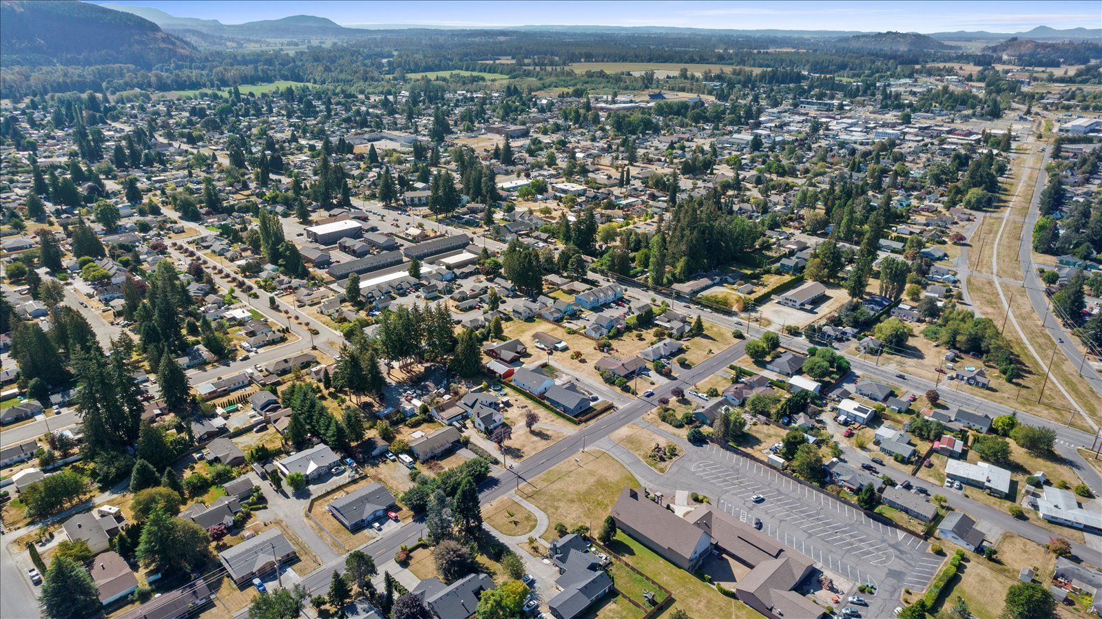 An aerial view of a residential area with lots of houses and trees.