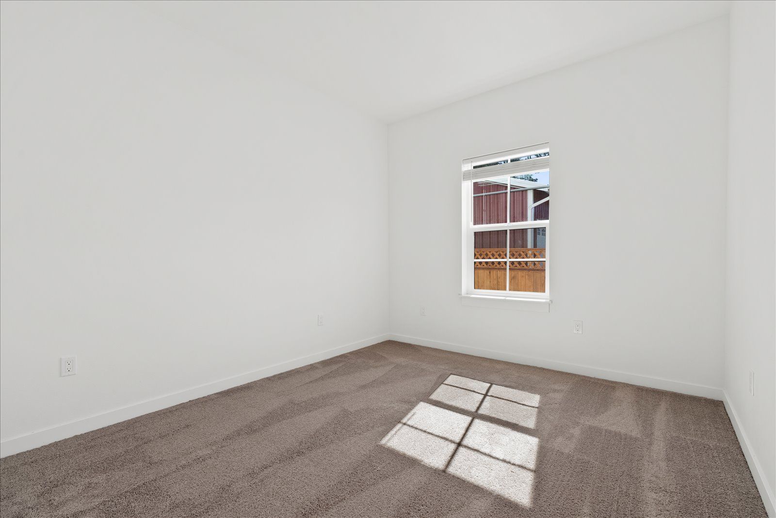 An empty bedroom with a window and a carpeted floor.