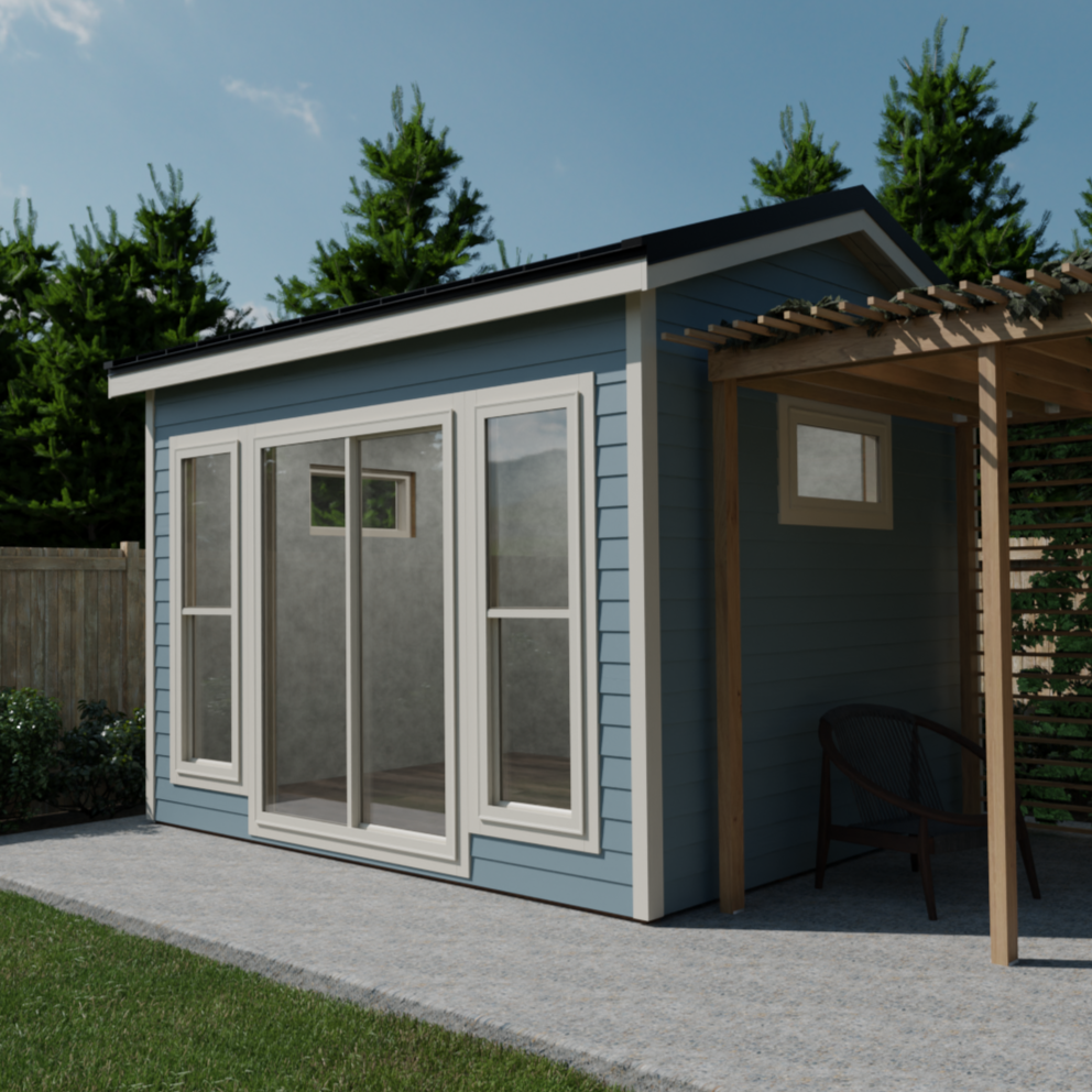 An artist's impression of a small house in a backyard.