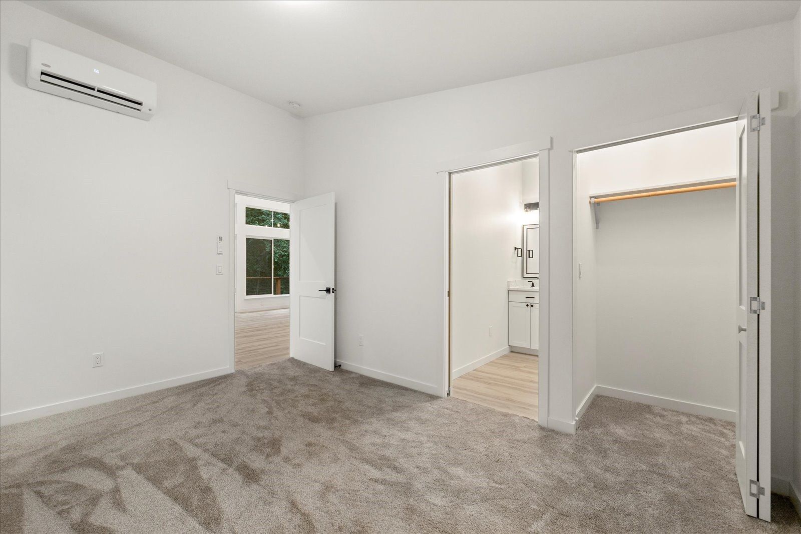 An empty bedroom with a walk in closet and a window.