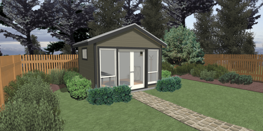 An artist's impression of a small house in a backyard.