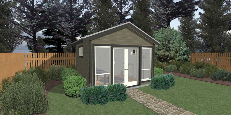 An artist's impression of a small house in a backyard.