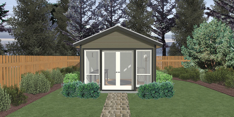 An artist's impression of a small house in a backyard