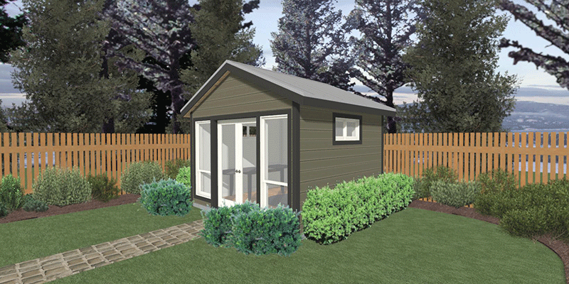 An artist's impression of a small house in a backyard.