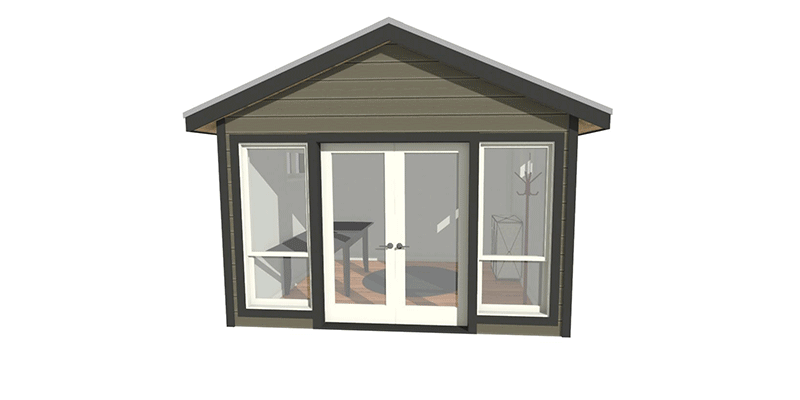A 3d model of a small house with sliding glass doors and windows.