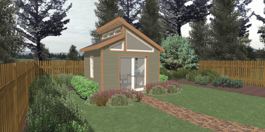 An artist 's impression of a small house in a backyard surrounded by trees.
