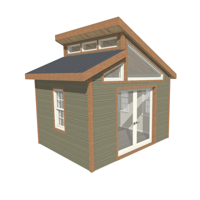 A 3d model of a small house with a slanted roof