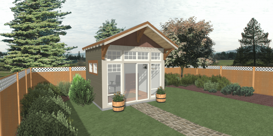 An artist's impression of a shed in a backyard