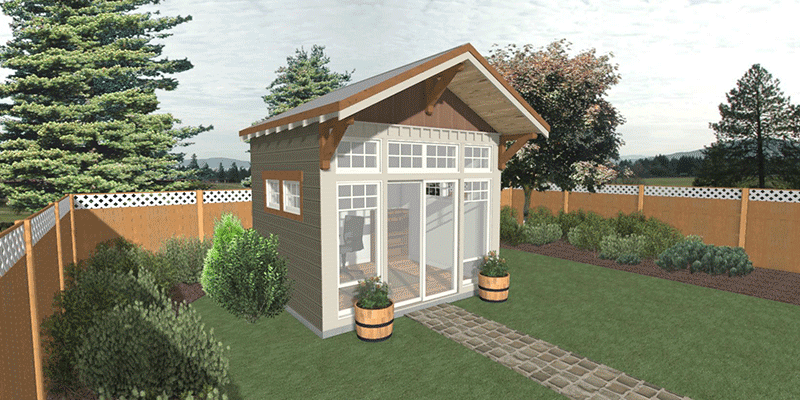 An artist's impression of a shed in a backyard.