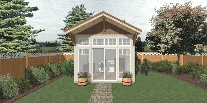 An artist's impression of a small house in a backyard