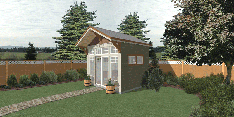 An artist's impression of a shed in a backyard