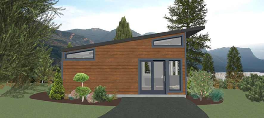 An artist's impression of a small house with a sloped roof surrounded by trees and mountains.