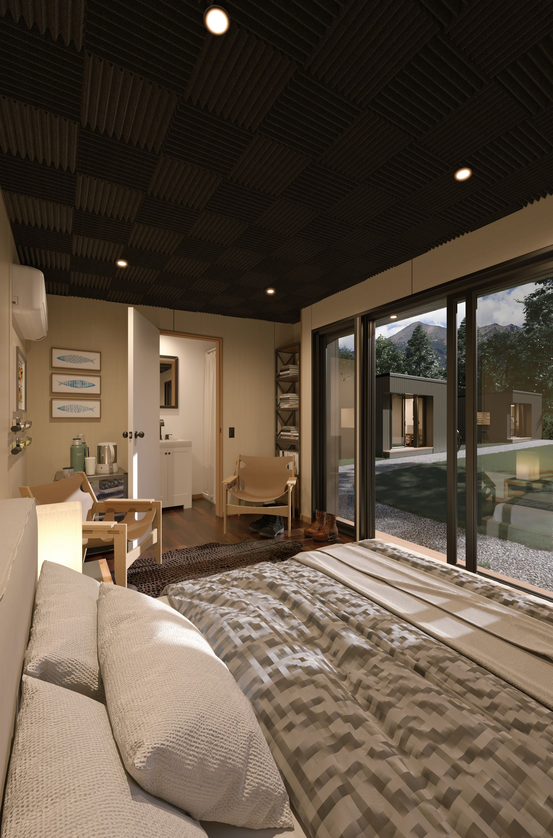 A bedroom with a large bed and a lot of windows.