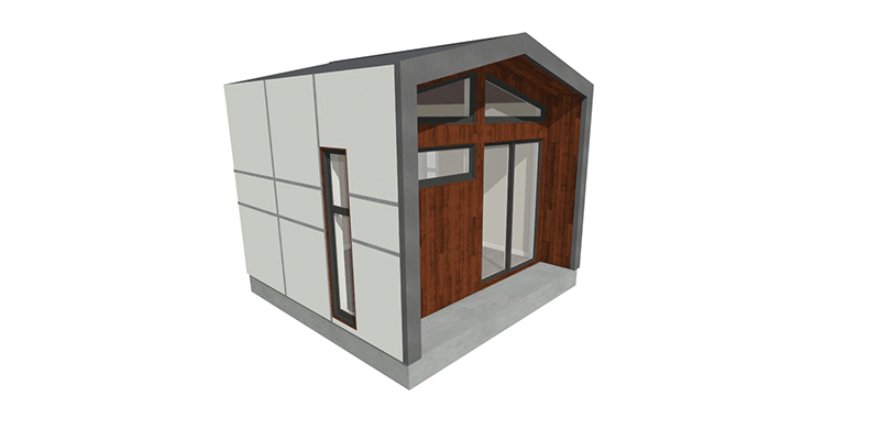 A 3d model of a small house with a wooden door and windows.
