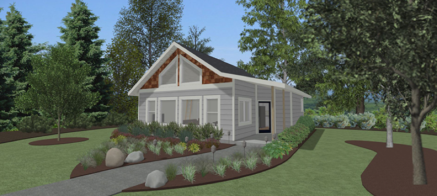 An artist 's impression of a small house with trees in the background