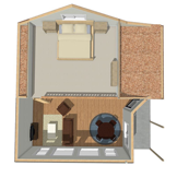 An aerial view of a house with a bed, living room, and bedroom.