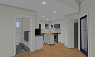 A computer generated image of a kitchen and bathroom in a house.