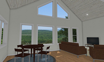 A living room with a vaulted ceiling and a table and chairs