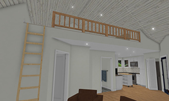 A computer generated image of a living room with a ladder leading to a loft.