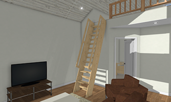 A living room with a wooden staircase and a flat screen tv.