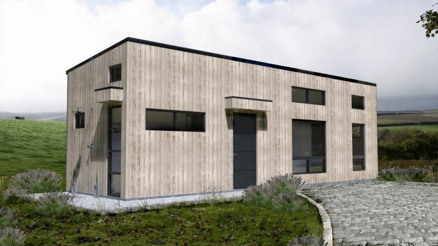 A small wooden house is sitting in the middle of a grassy field.