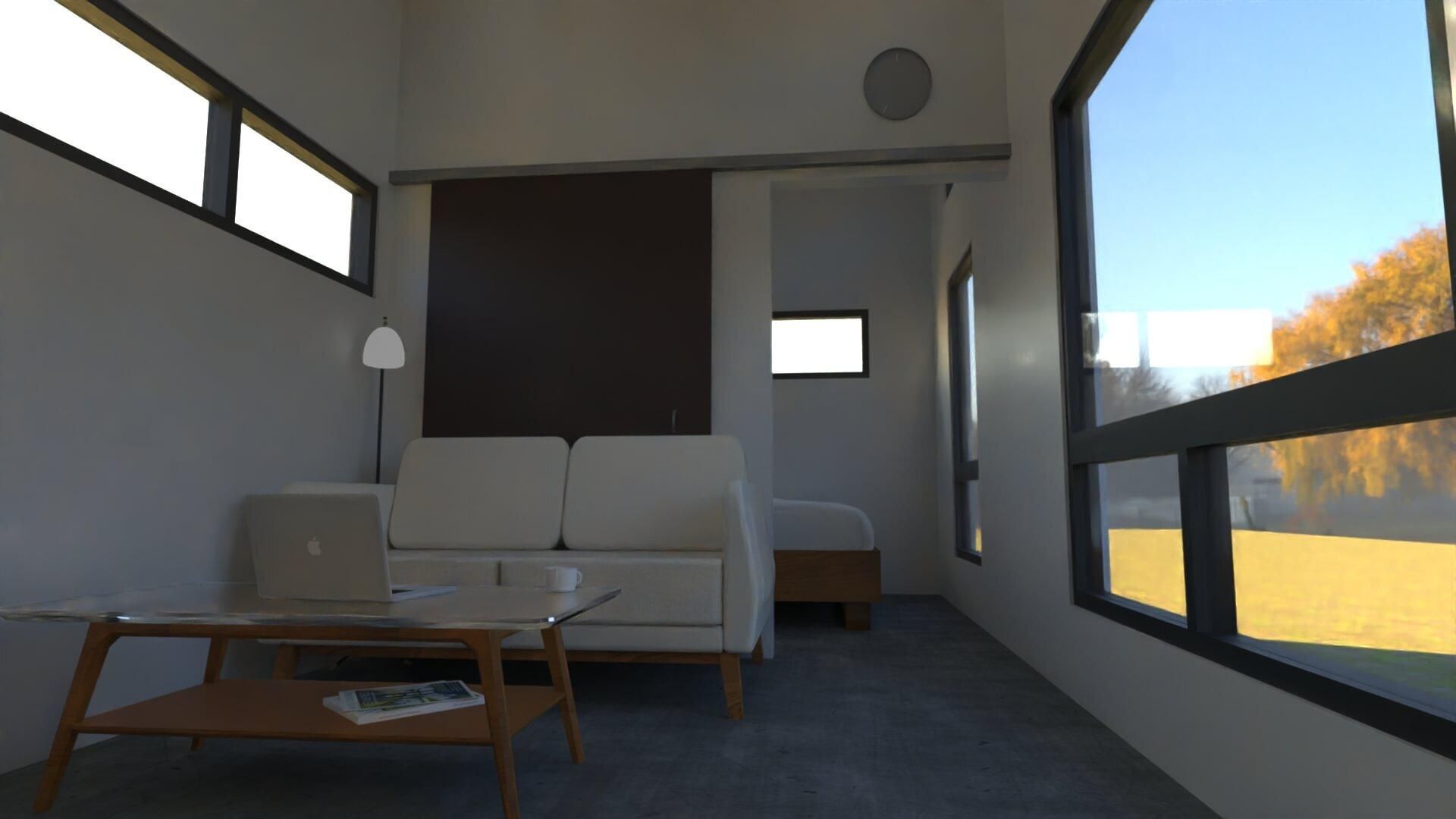 A living room with a couch and a coffee table