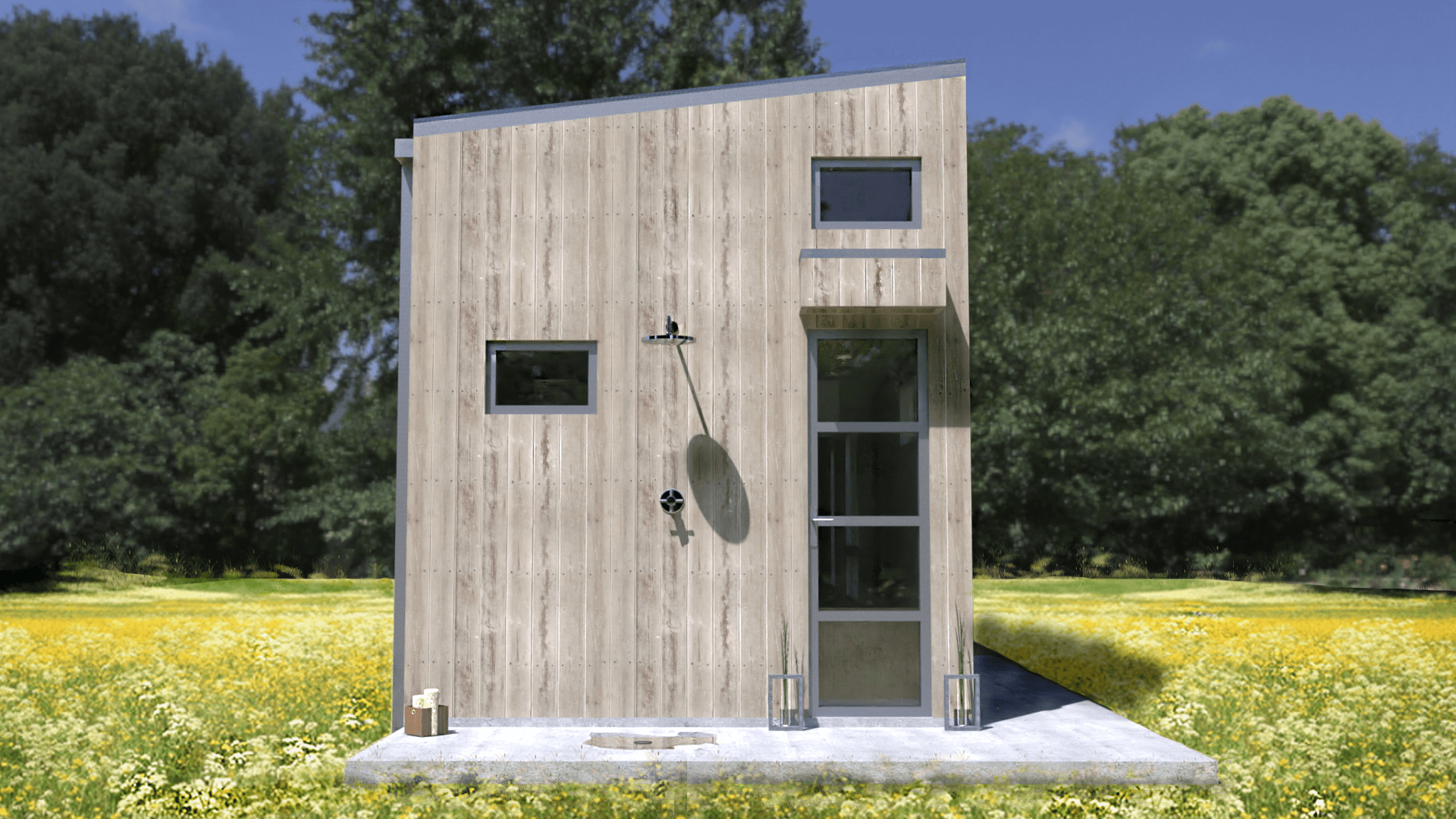 A small wooden house is sitting in the middle of a field.