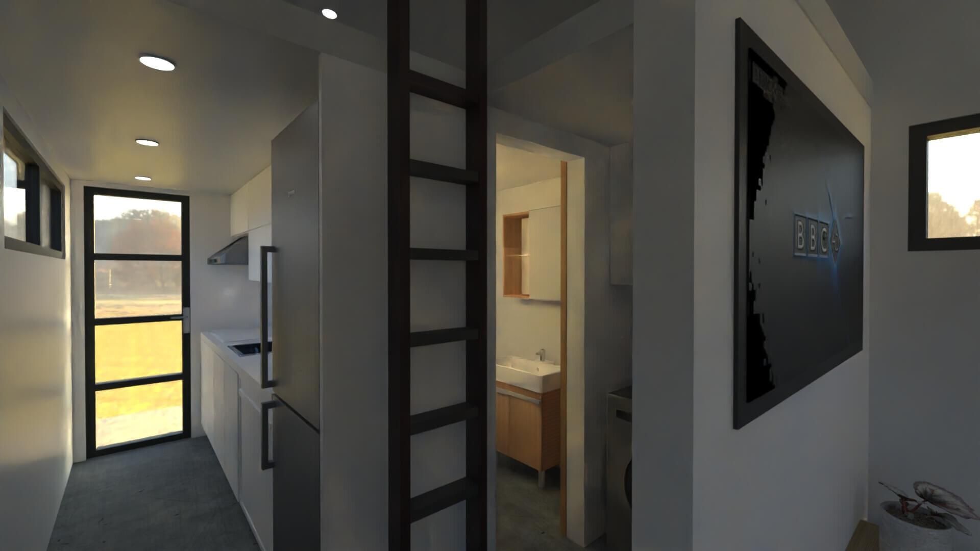 An artist's impression of a tiny house with a ladder leading to the bathroom.
