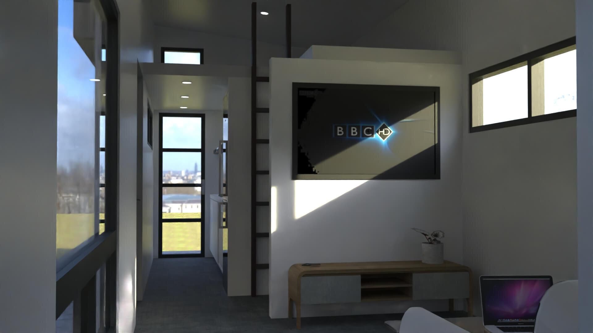 A living room with a flat screen tv on the wall