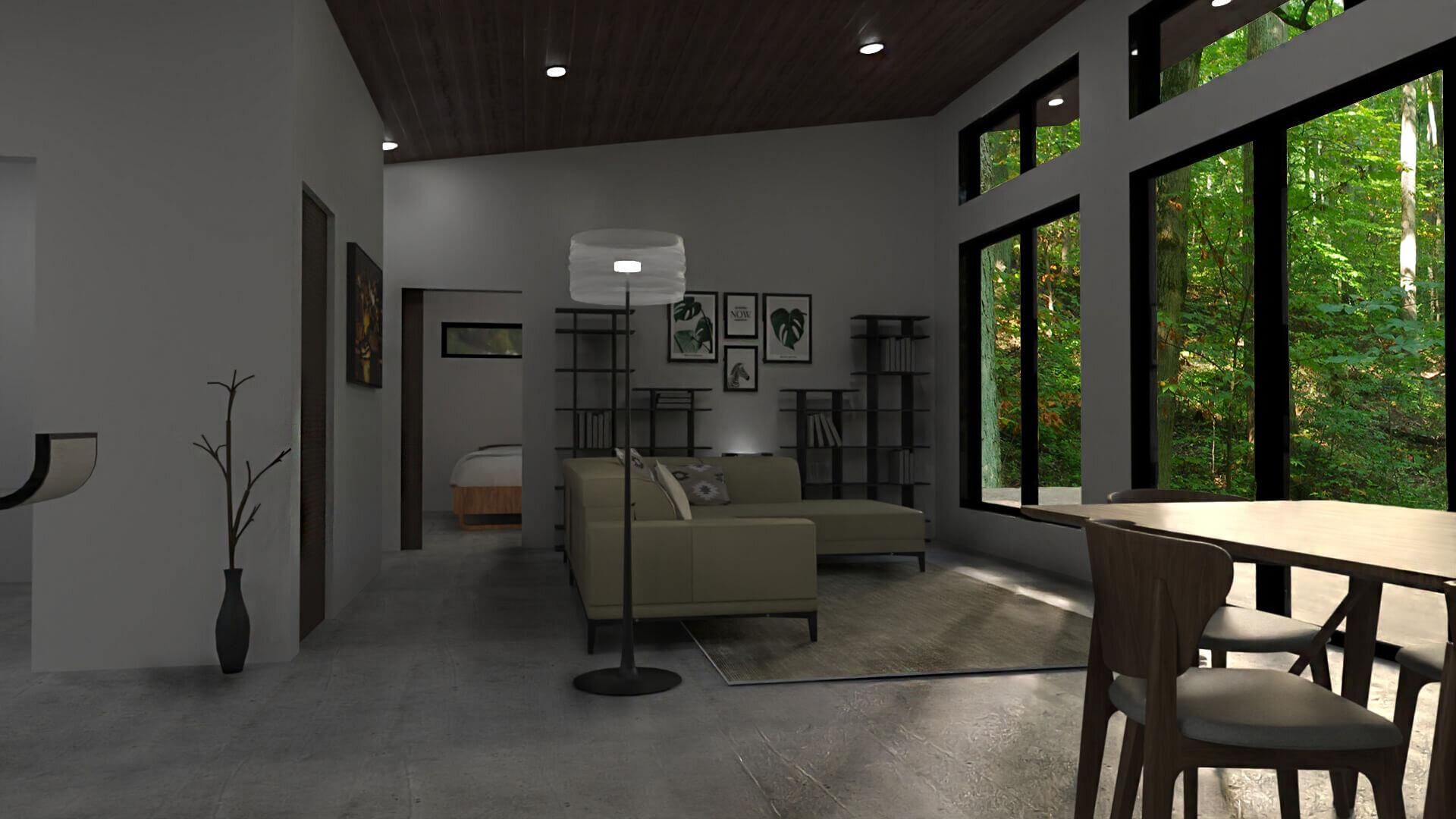 A living room with a couch, table, and chairs.