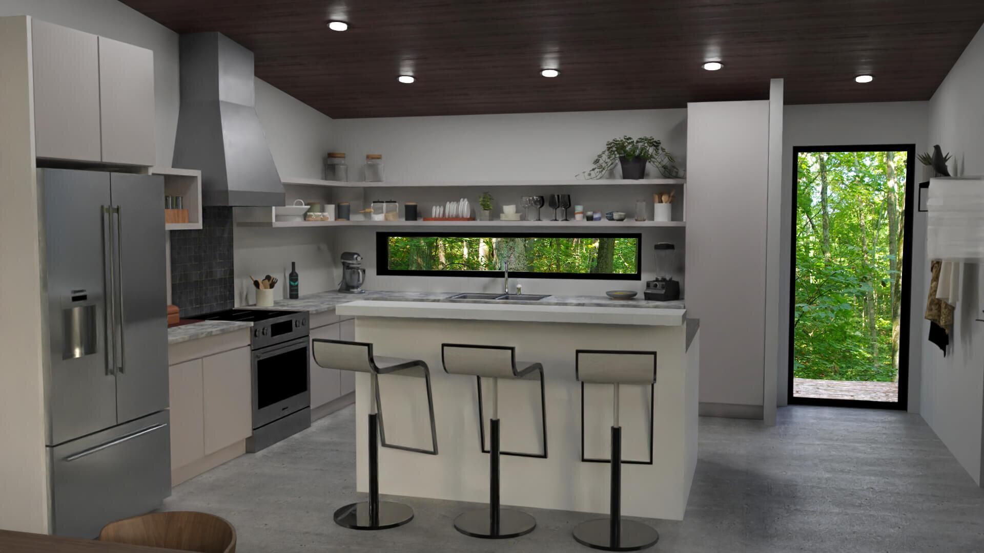 An artist's impression of a kitchen with a large island and stools.