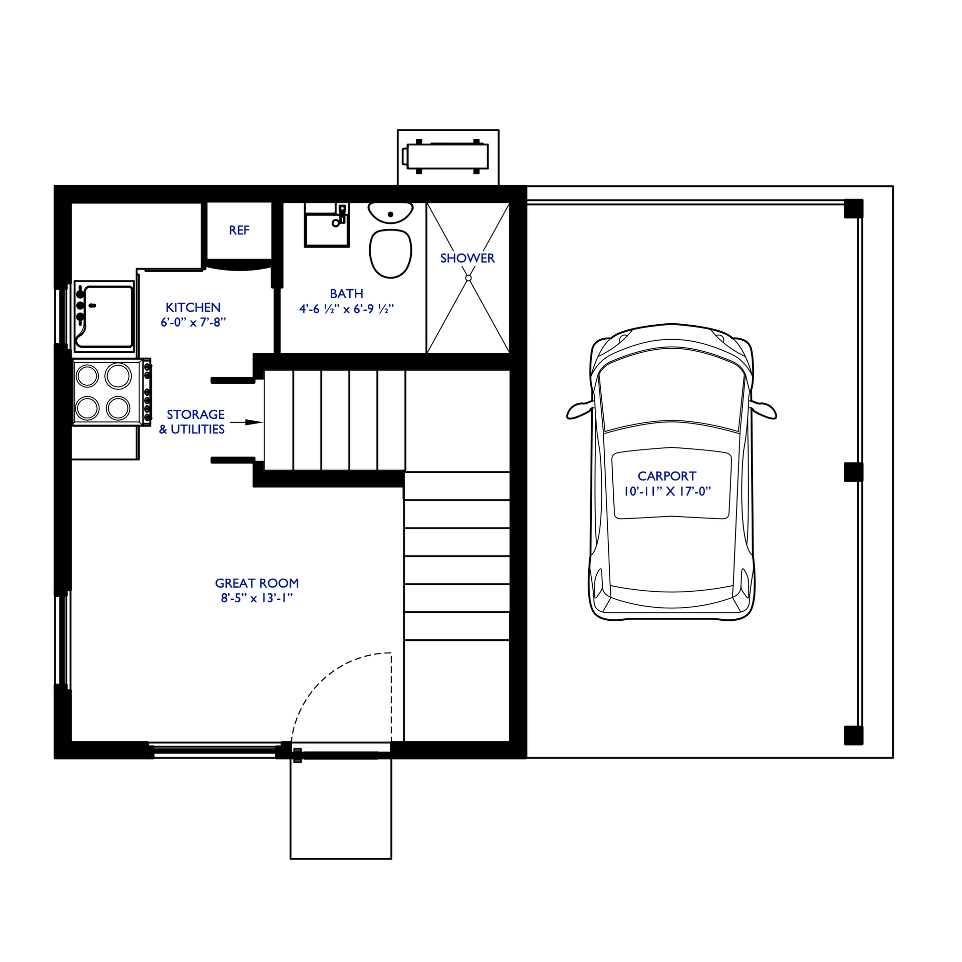 A black and white floor plan of a house with a car in the garage.