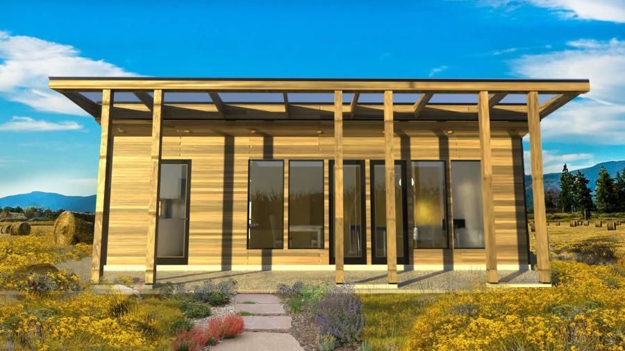 A small wooden house is sitting in the middle of a field of yellow flowers.