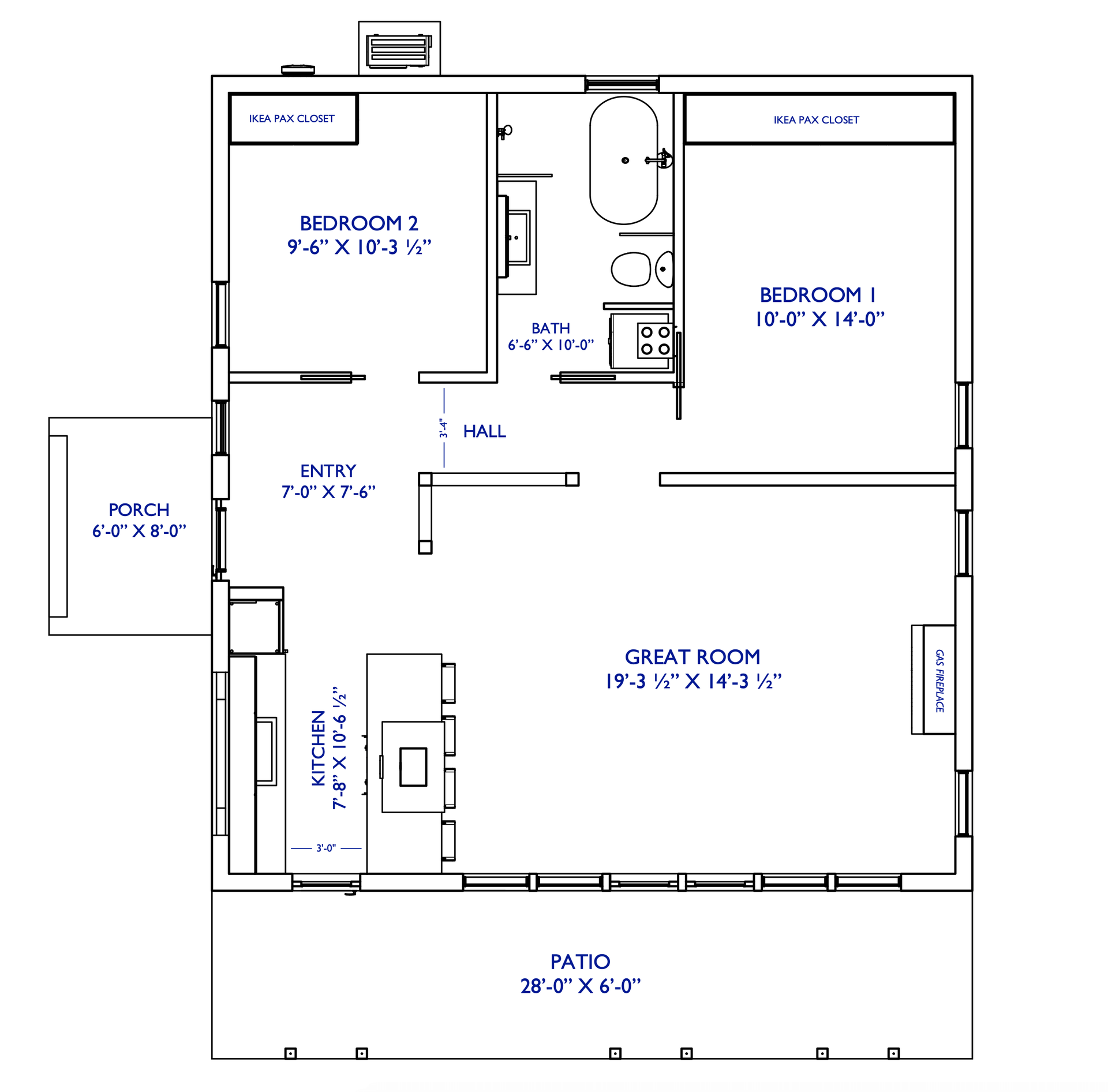 Floor plan of a house with porch, patio, kitchen, bedrooms, bathroom, and great room.