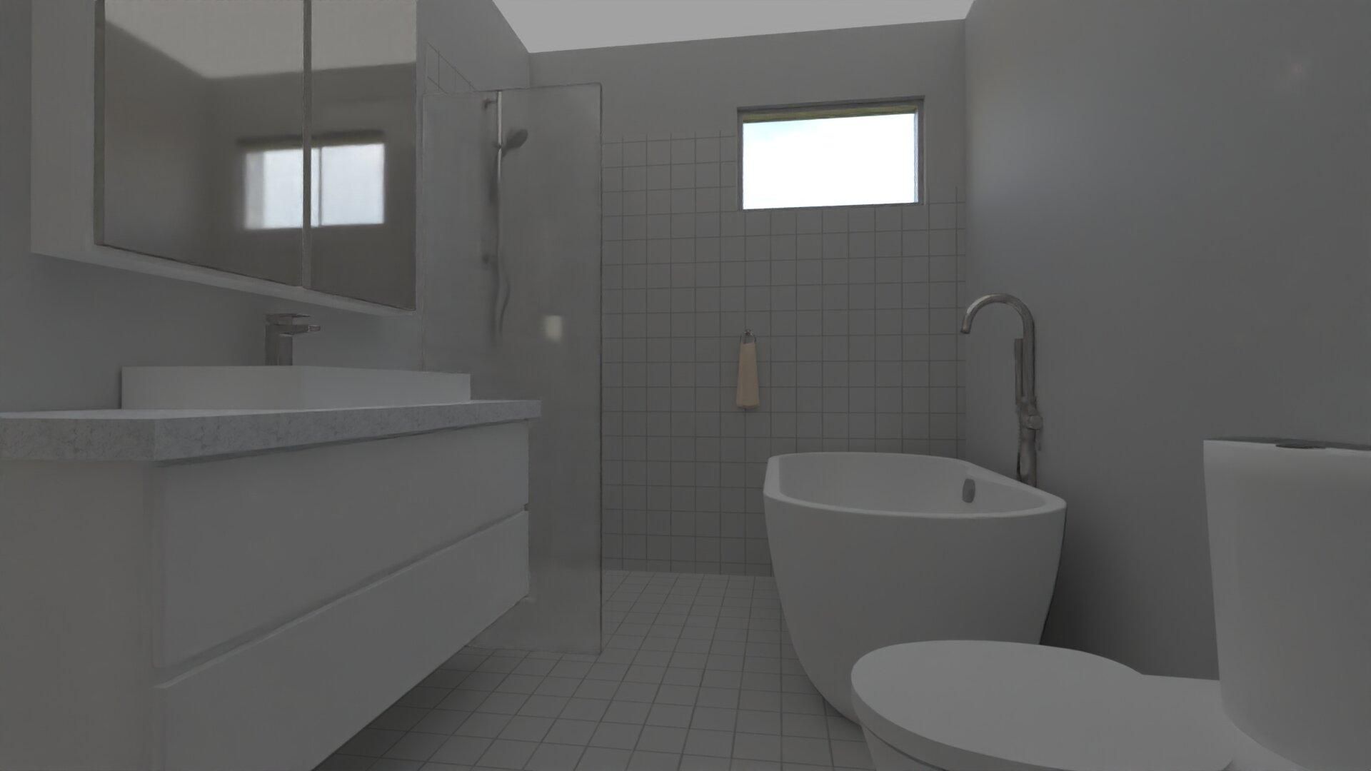 Modern bathroom with a sink, toilet, bathtub, and shower. Gray tones with natural light.