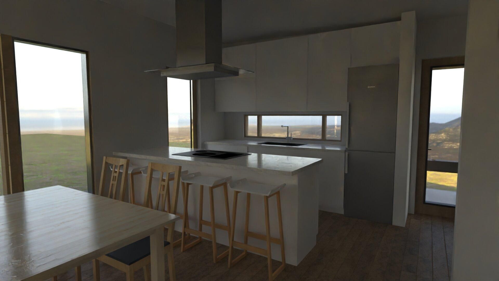 Modern kitchen with island, stools, and cabinets; window reveals a landscape.